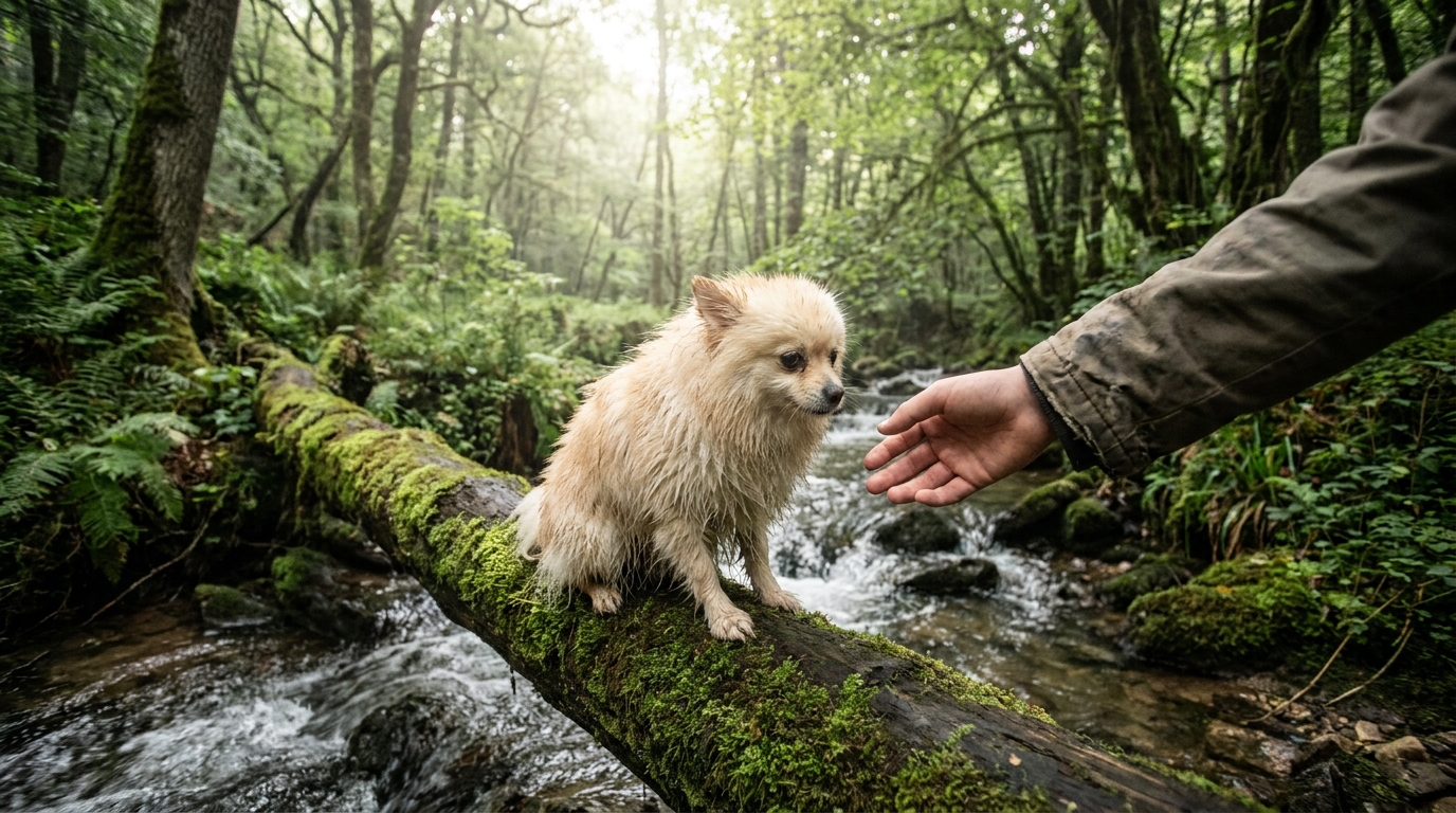 Un petit chien Loulou de Poméranie, effrayé, est piégé sur un tronc d'arbre au-dessus d'un cours d'eau dans une forêt du Rhône.