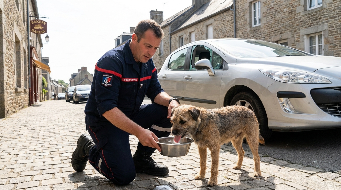Un pompier français donne de l'eau à un chien épuisé près d'une voiture avec une vitre brisée, symbolisant un sauvetage d'urgence.