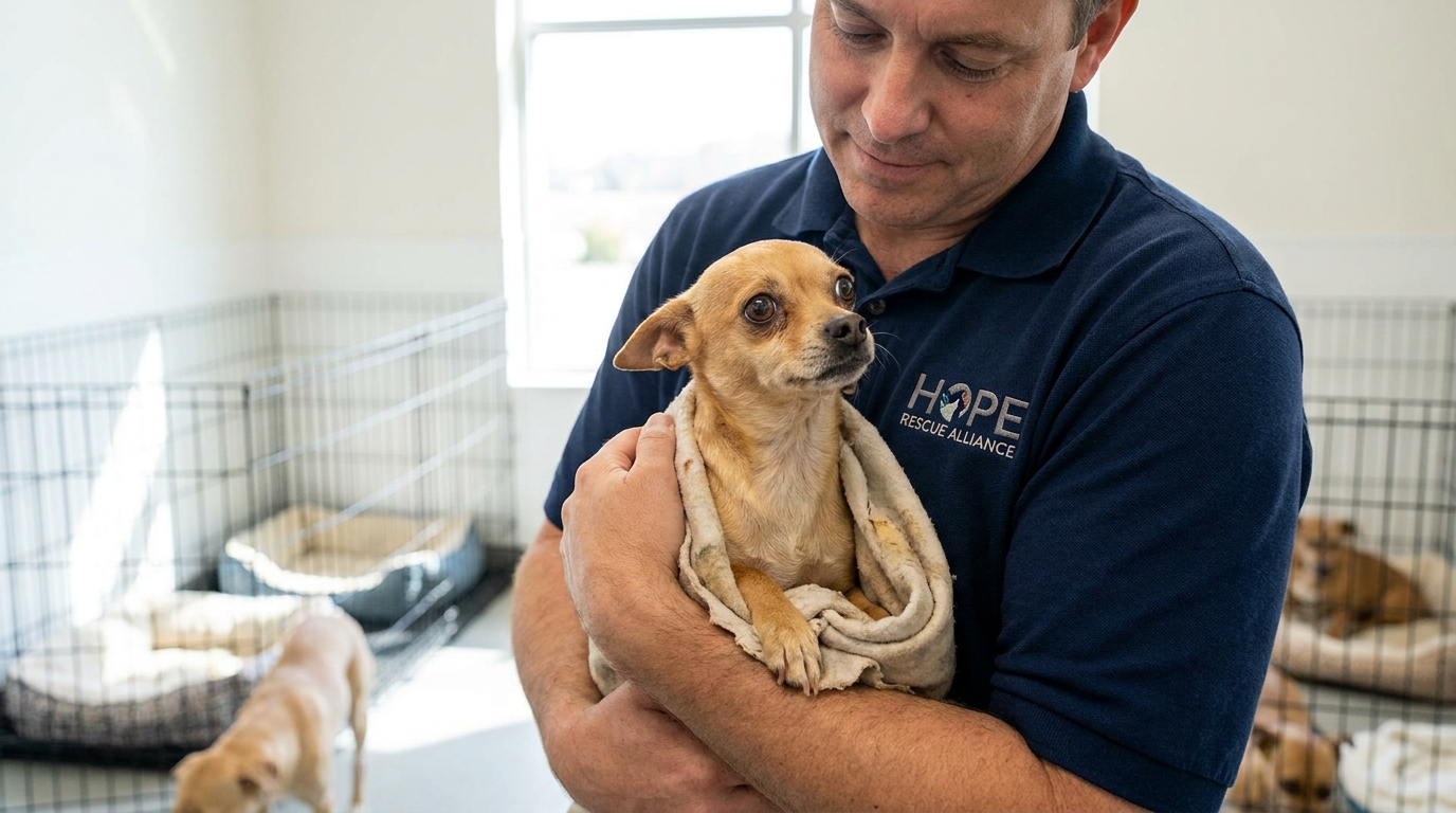 Un sauveteur prend soin d'un petit Chihuahua sauvé d'une maison surpeuplée, symbolisant l'espoir et une nouvelle vie.