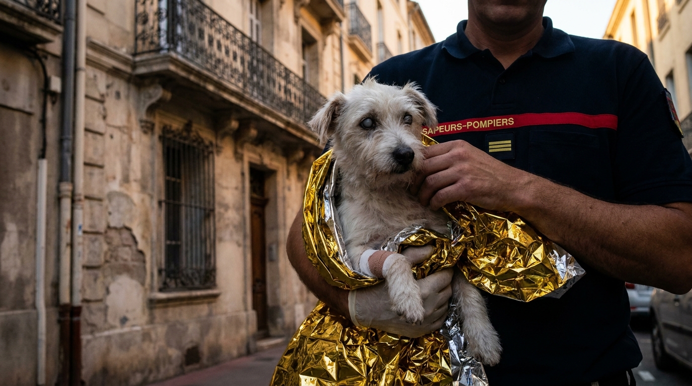 Un petit chien blanc de type terrier, blessé, est secouru par un pompier au pied d'un immeuble à Perpignan après une chute.