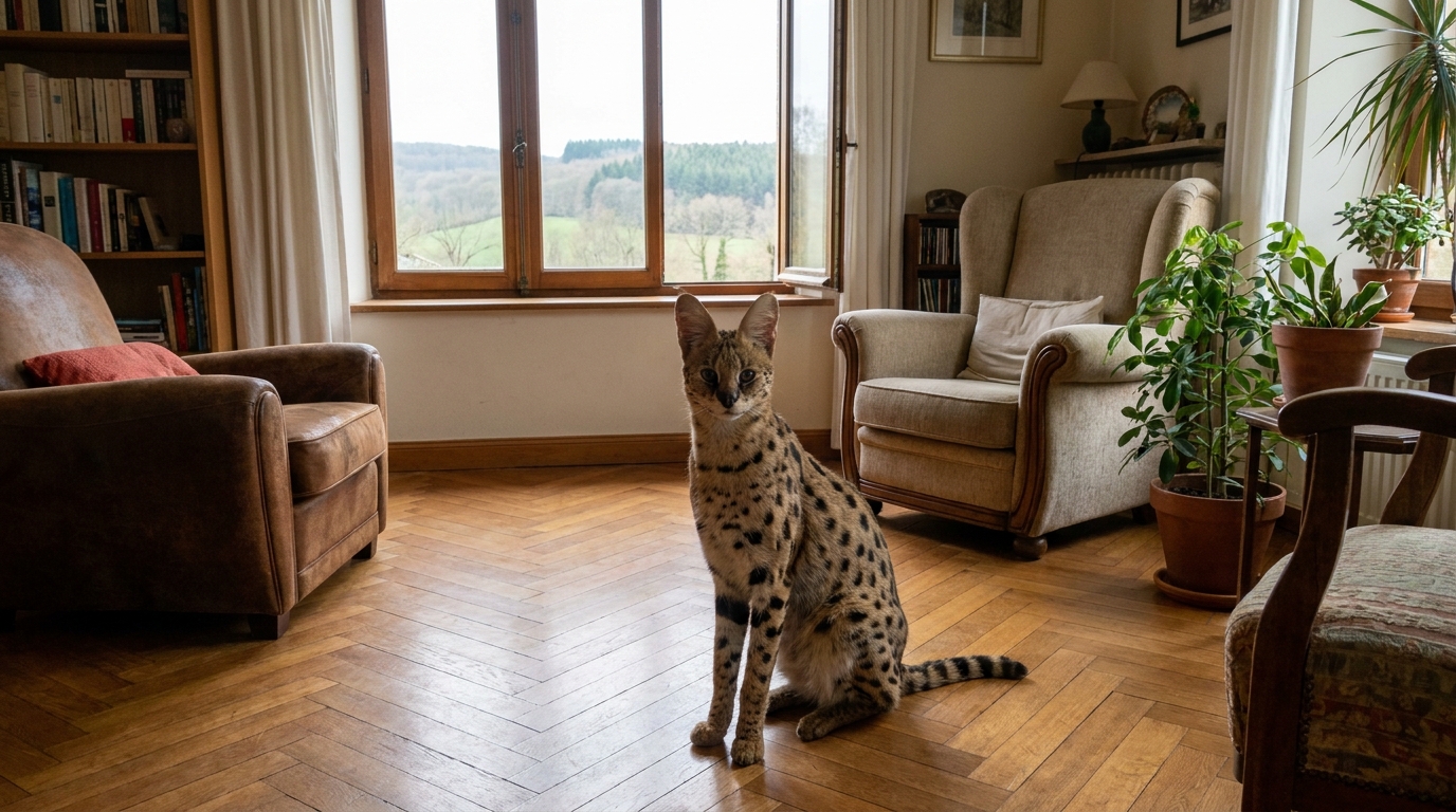 Un félin aux allures de serval, avec sa robe tachetée et ses grandes oreilles, assis sur un canapé dans un intérieur français.