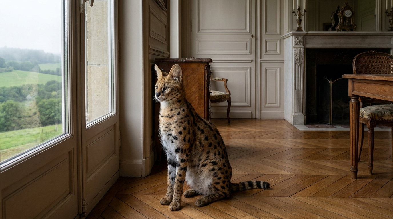 Un serval, félin sauvage aux grandes oreilles et au pelage tacheté, assis sur un tapis dans un salon, l'air alerte et curieux.