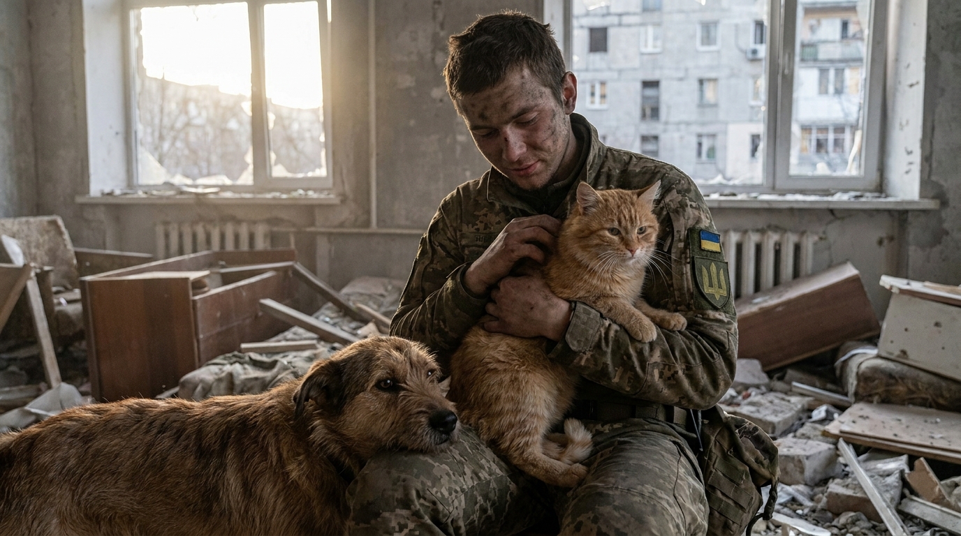 Un soldat ukrainien en uniforme, assis dans les décombres, serre son chat contre lui tandis que son chien veille à ses côtés.