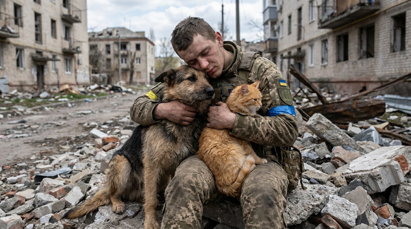 Un soldat en uniforme ukrainien, assis au milieu de décombres, serre contre lui un chien et un chat, visiblement soulagé.