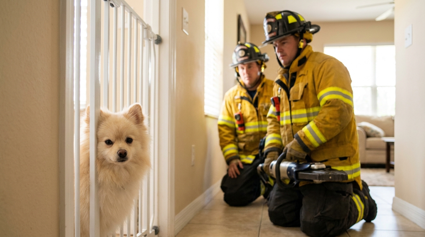 Un adorable Spitz nain regarde la caméra, en sécurité, après avoir été secouru par des pompiers d'une barrière pour bébé.