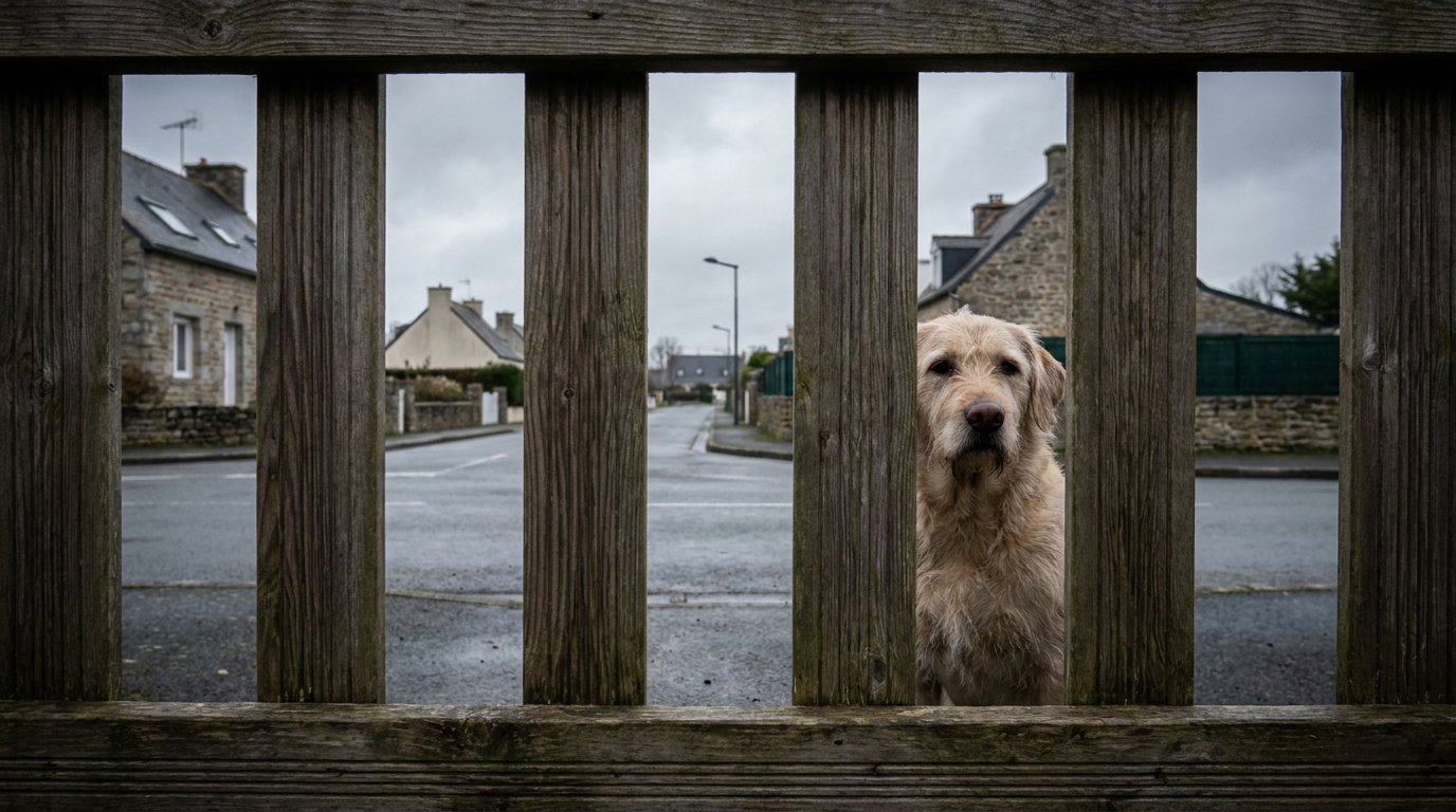 Un chien regarde à travers la fenêtre d'une maison dans une ville française, symbolisant un détail clé dans une affaire judiciaire.