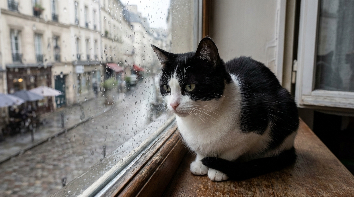 Un chat noir et blanc à l'air mélancolique regarde la pluie tomber à travers une fenêtre, symbolisant la tristesse de l'histoire de Monty.