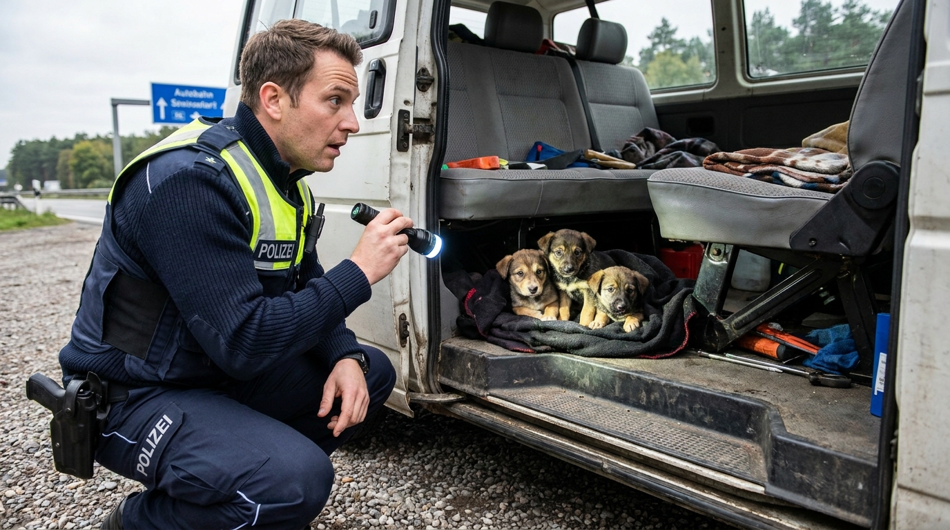 Trois petits chiots blottis les uns contre les autres dans une couverture, regardant l'objectif avec de grands yeux après leur sauvetage.