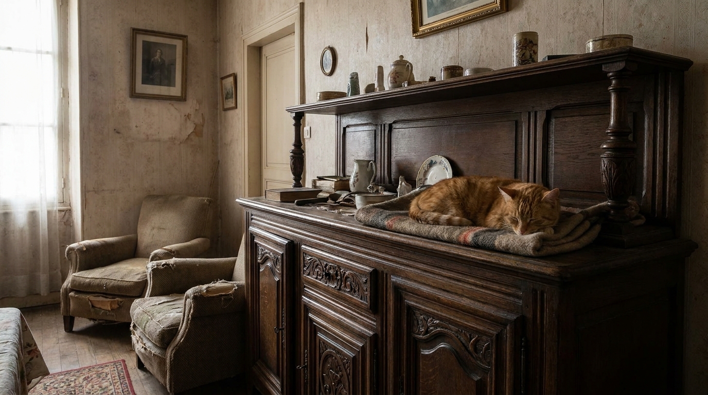Un chat roux est couché sur un buffet en bois dans un salon, il semble dormir paisiblement mais est en réalité naturalisé.