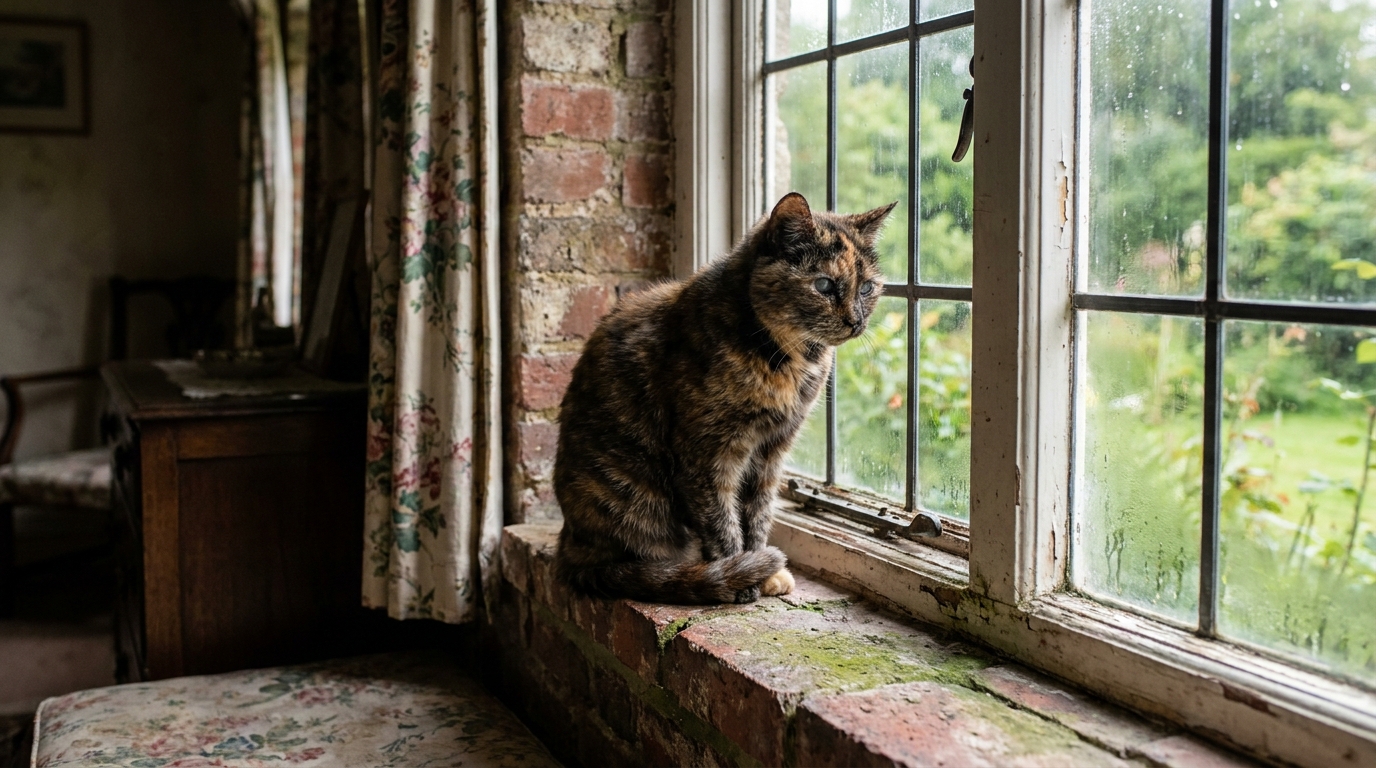 Un vieux chat au pelage grisonnant est assis sur un rebord de fenêtre, regardant dehors avec une expression pensive, symbolisant la tragédie de Gizzy.