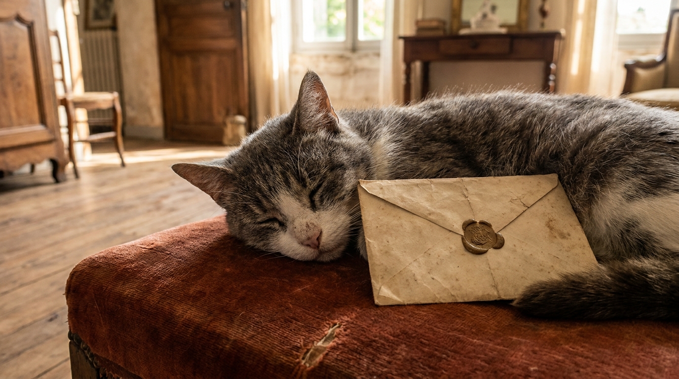 Un vieux chat tigré dort paisiblement sur un coussin usé, à côté d'une lettre scellée posée sur un parquet en bois.