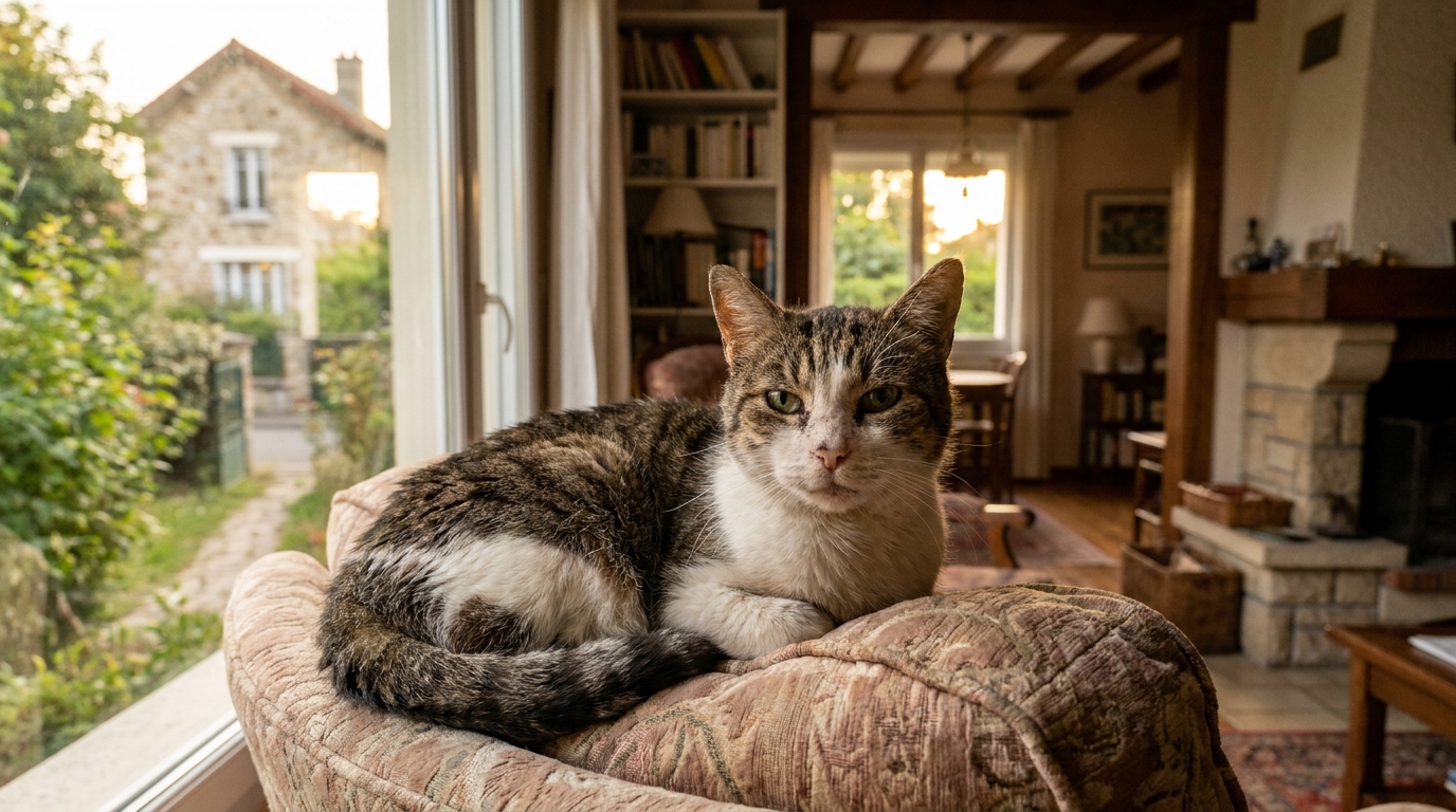 Un chat âgé au pelage tigré, assis sur un rebord de fenêtre, regarde avec une expression sage et émouvante, symbolisant des retrouvailles.