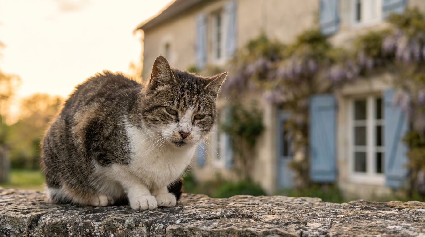 Un vieux chat tigré au regard sage, assis sur un rebord de fenêtre, regarde à l'extérieur, symbolisant les années passées loin de sa famille.