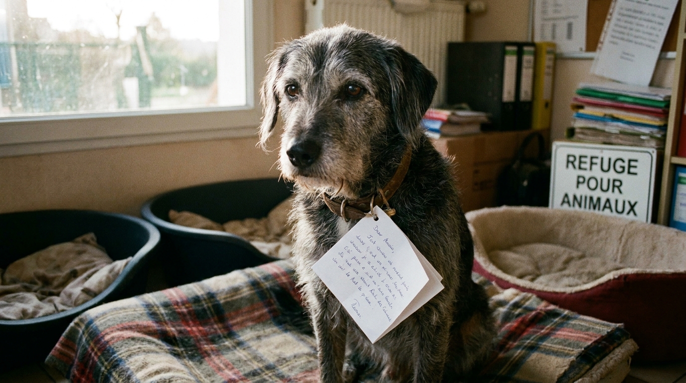 Un vieux chien au regard triste, assis sagement dans un refuge, avec une petite lettre attachée à son collier.