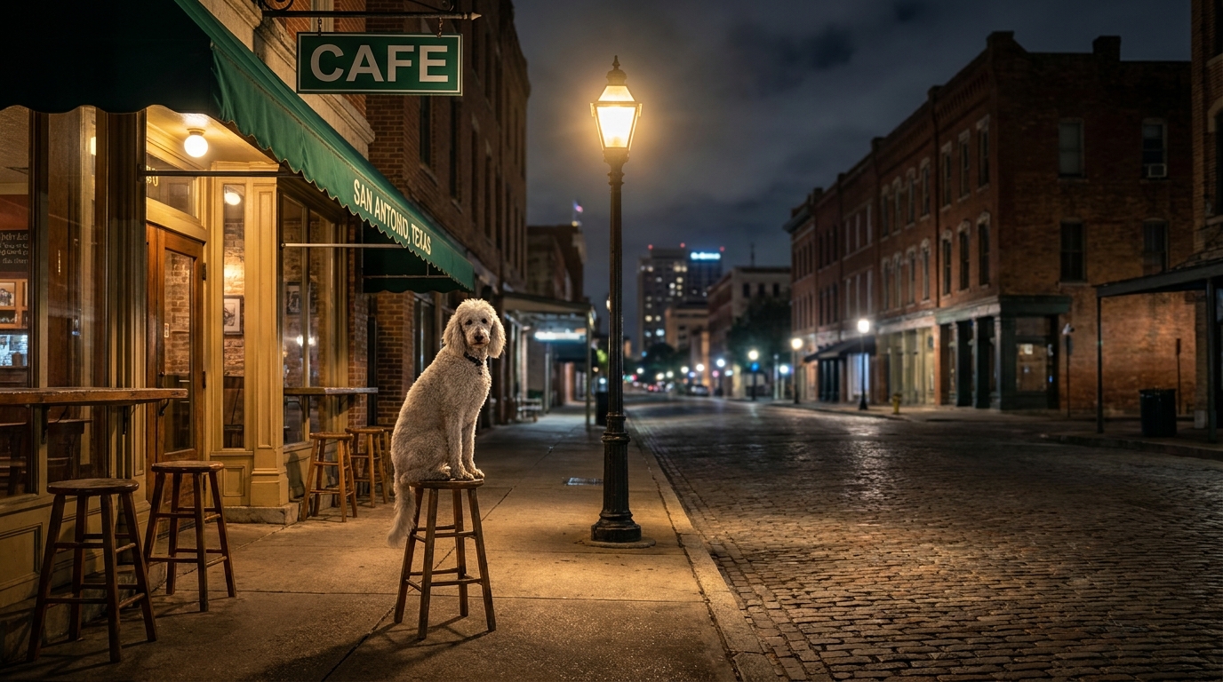 Un vieux caniche blanc assis sagement sur une chaise en métal sur la terrasse vide d'un café, la nuit, semblant attendre patiemment.