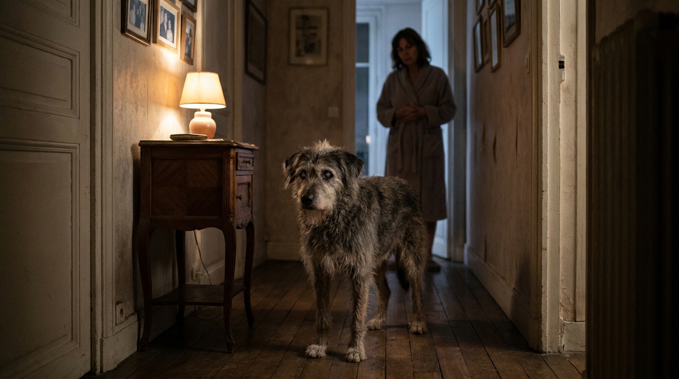 Un vieux chien au regard perdu se tient dans un salon faiblement éclairé la nuit, sa maîtresse agenouillée près de lui avec une expression aimante.