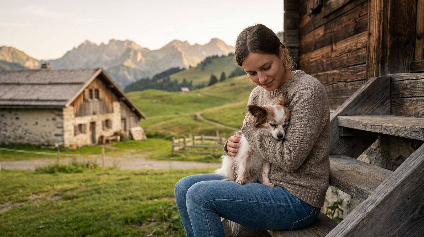Un très vieux chien de race épagneul papillon, aux poils blancs et bruns, se repose paisiblement dans les bras d'une jeune femme.