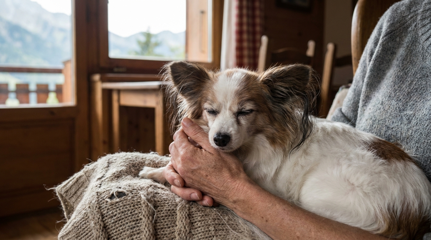 Un petit chien âgé de type épagneul papillon, au poil blanc et marron, blotti tendrement dans les bras d'une femme près d'Annecy.