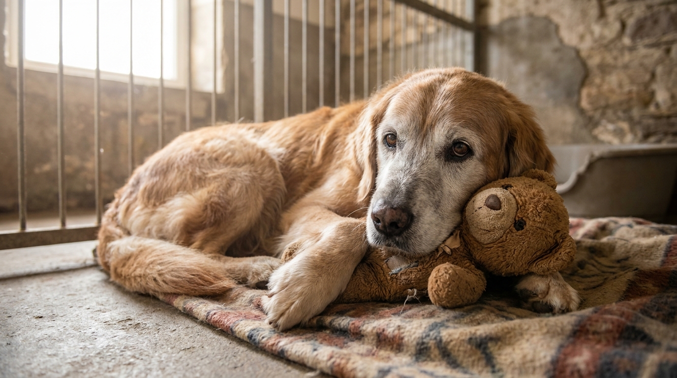 Un vieux chien au pelage grisonnant, l'air triste, couché dans un chenil de refuge, serrant tendrement un vieil ours en peluche usé.