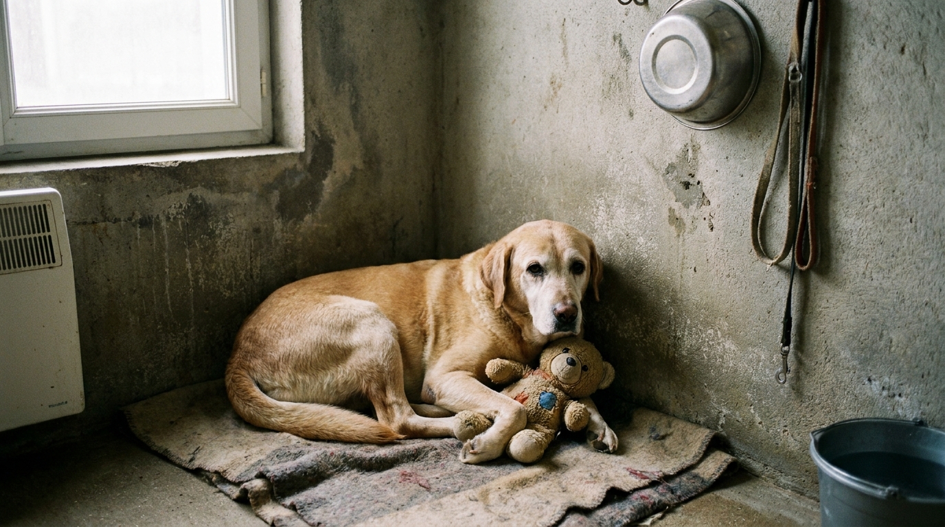 Un vieux chien au regard triste, de type labrador croisé, est couché dans son box de refuge et serre un vieil ours en peluche usé.