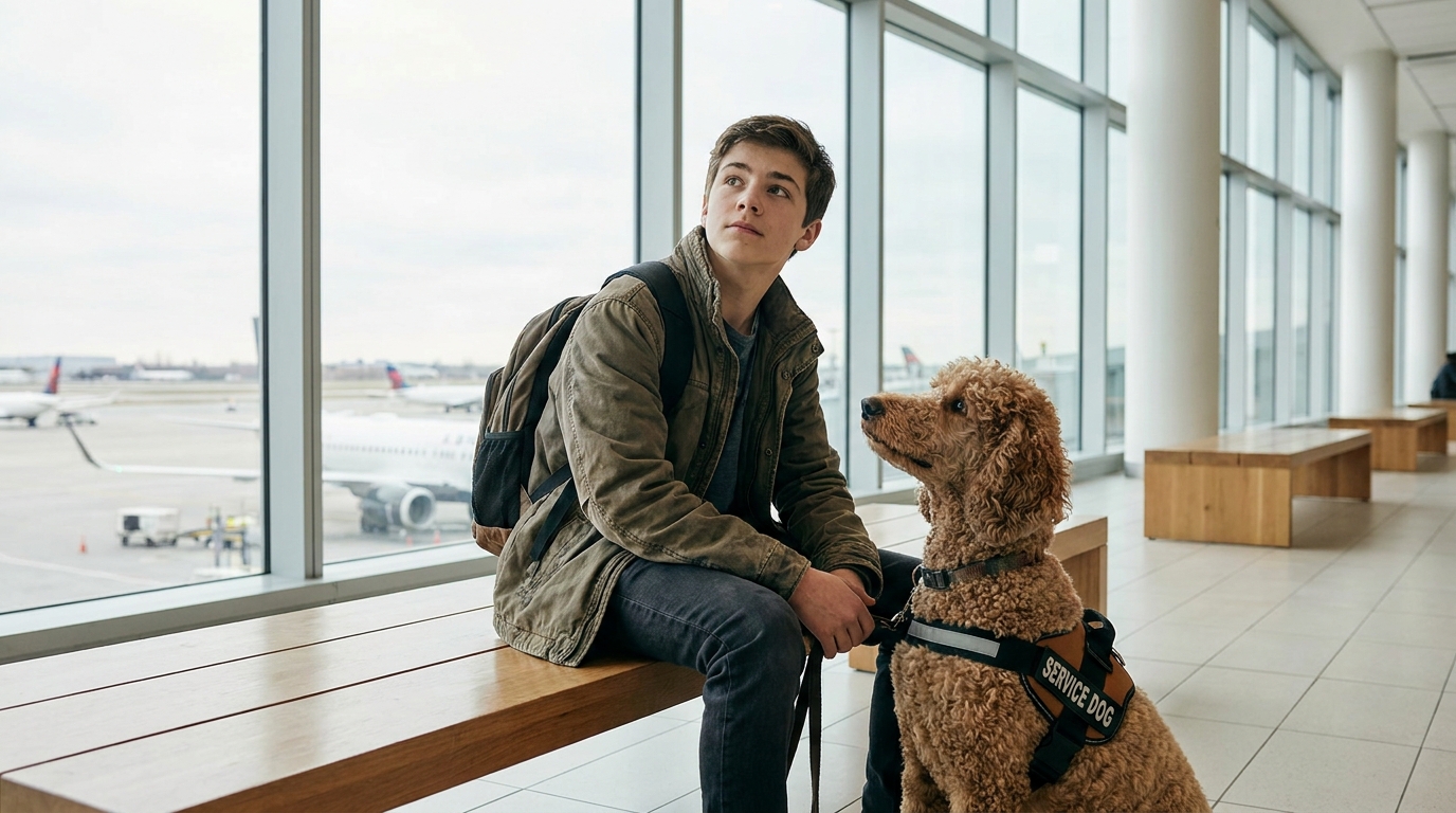 Un jeune adolescent est assis dans un aéroport à côté de son caniche d'assistance, tous deux regardant vers l'avenir avec espoir.