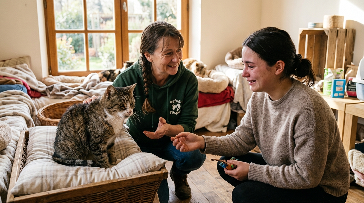 Une bénévole présente un chat senior à une adoptante rassurée dans un refuge en France.