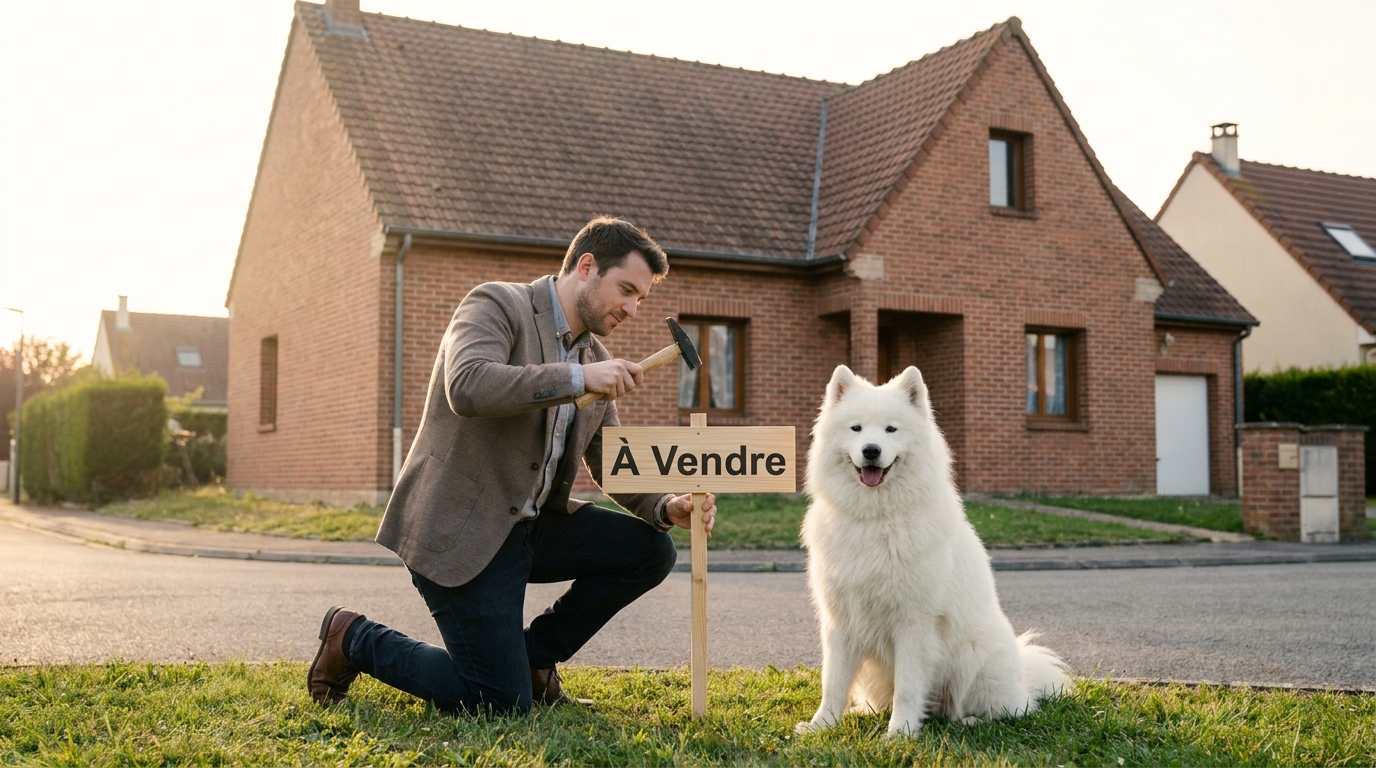 Un agent immobilier souriant pose à côté de sa chienne Samoyède blanche et duveteuse, Bianca, devant un panneau immobilier à Troyes.