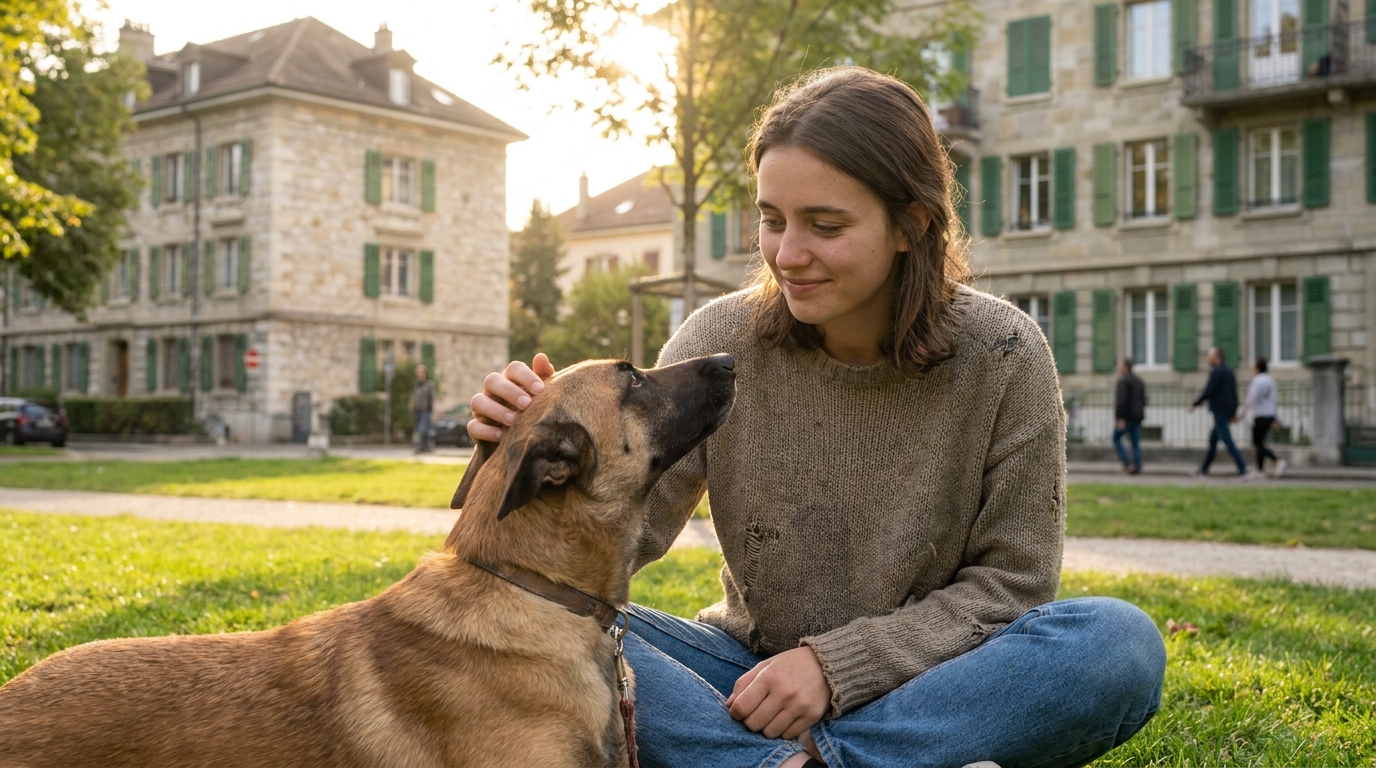 Une jeune femme sourit tendrement à sa chienne, un berger croisé malinois, assise à ses côtés dans un parc verdoyant.