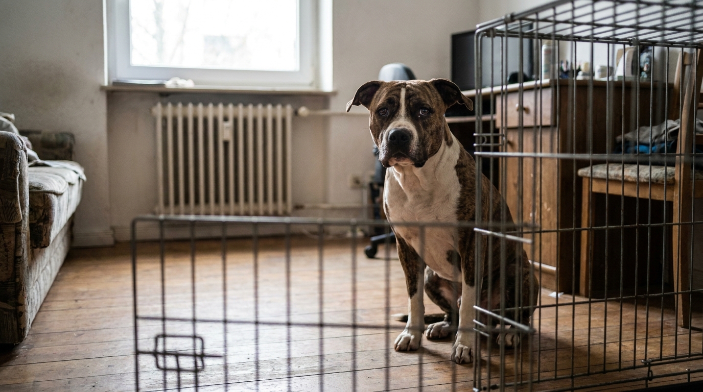 Un chien de type American Staffordshire Terrier au regard mélancolique, vu à travers les barreaux d'une cage, symbolisant la solitude et le drame.
