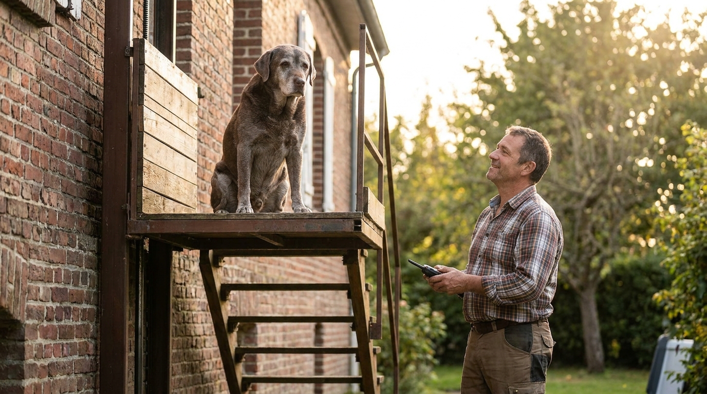 Un homme regarde avec tendresse son vieux chien de race golden retriever utiliser un ascenseur artisanal installé sur la façade d'une maison en briques.