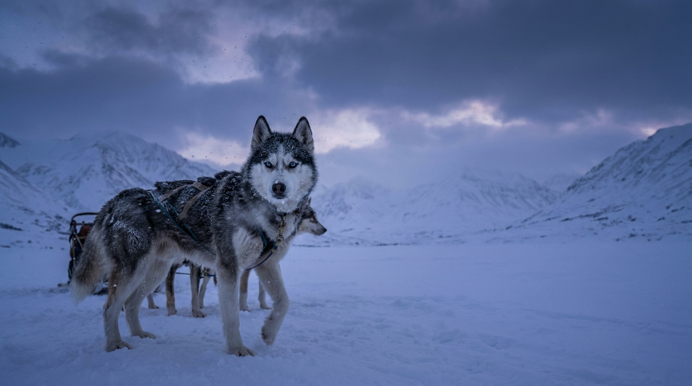 Un husky sibérien ressemblant à Balto, debout et courageux dans un paysage enneigé d'Alaska, incarnant l'héroïsme de la course au sérum.