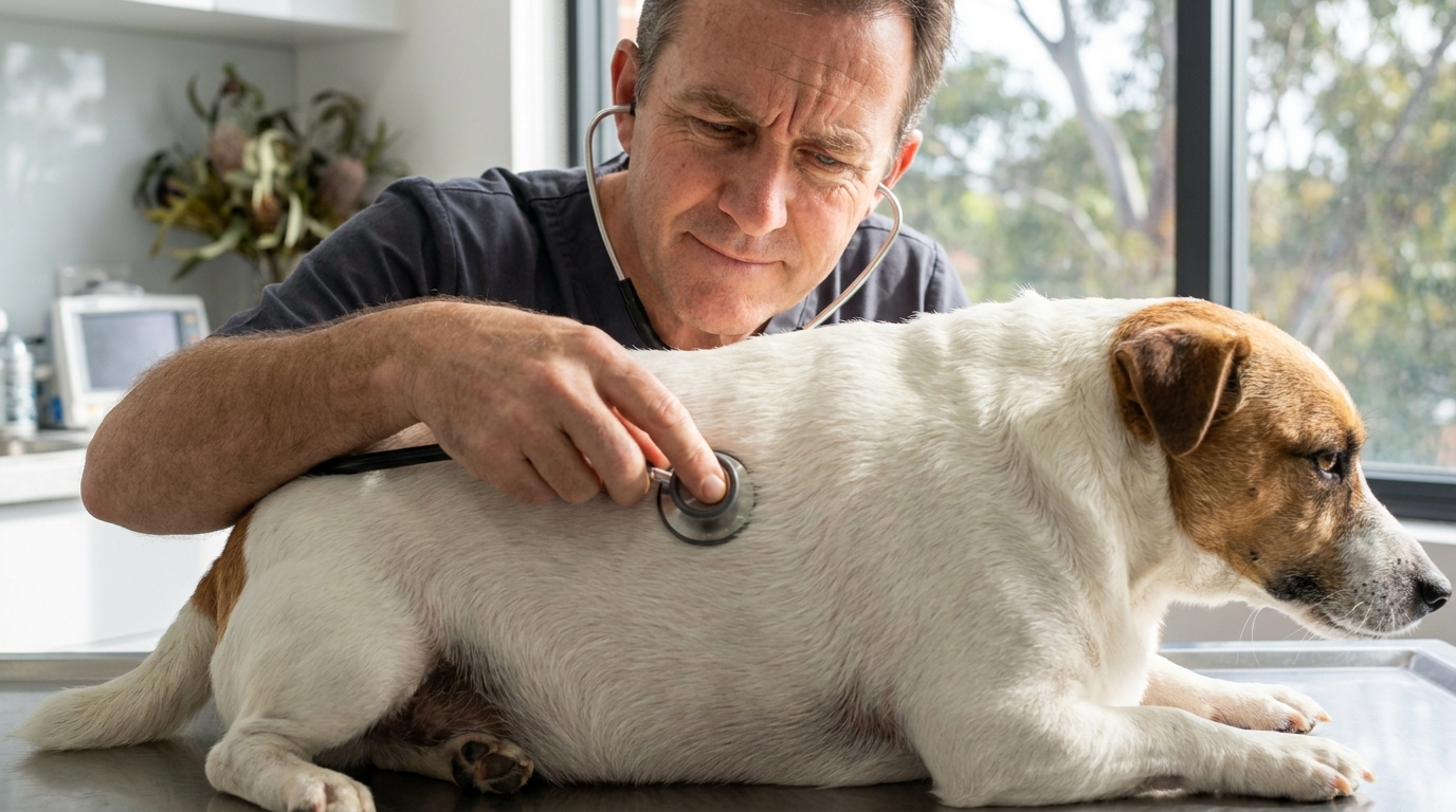 Une petite chienne Jack Russel nommée Bandit, visiblement en surpoids, regarde l'objectif avant sa transformation.