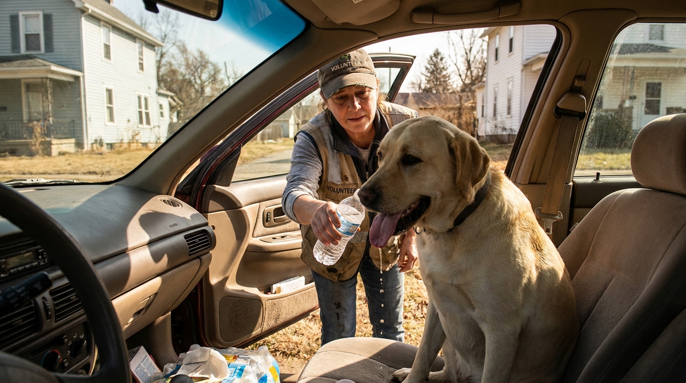 Un bénévole rassure un chien haletant dans une voiture, le mettant à l'abri de la canicule après l'évacuation d'un refuge.
