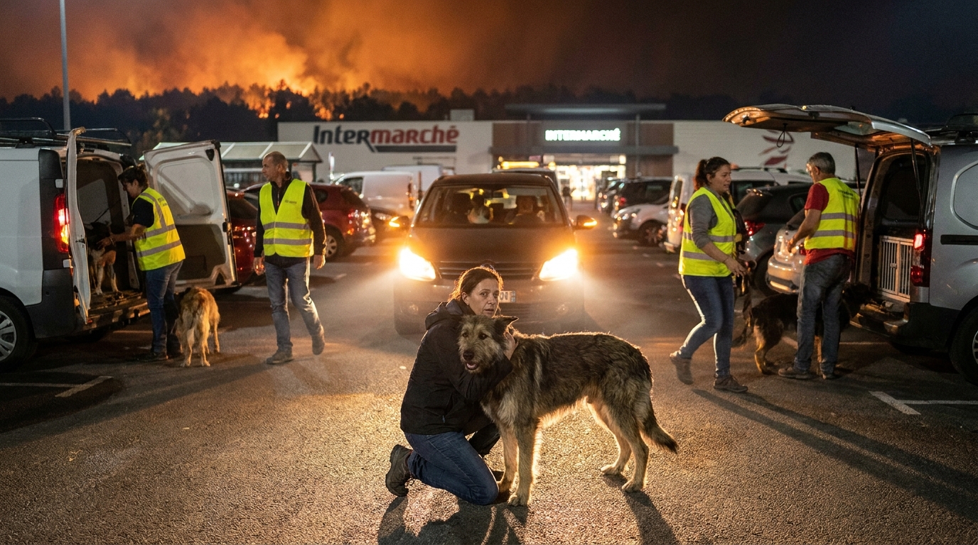 Une femme réconforte un chien effrayé près d'une voiture la nuit, alors que des bénévoles s'activent pour évacuer un refuge menacé par un incendie.