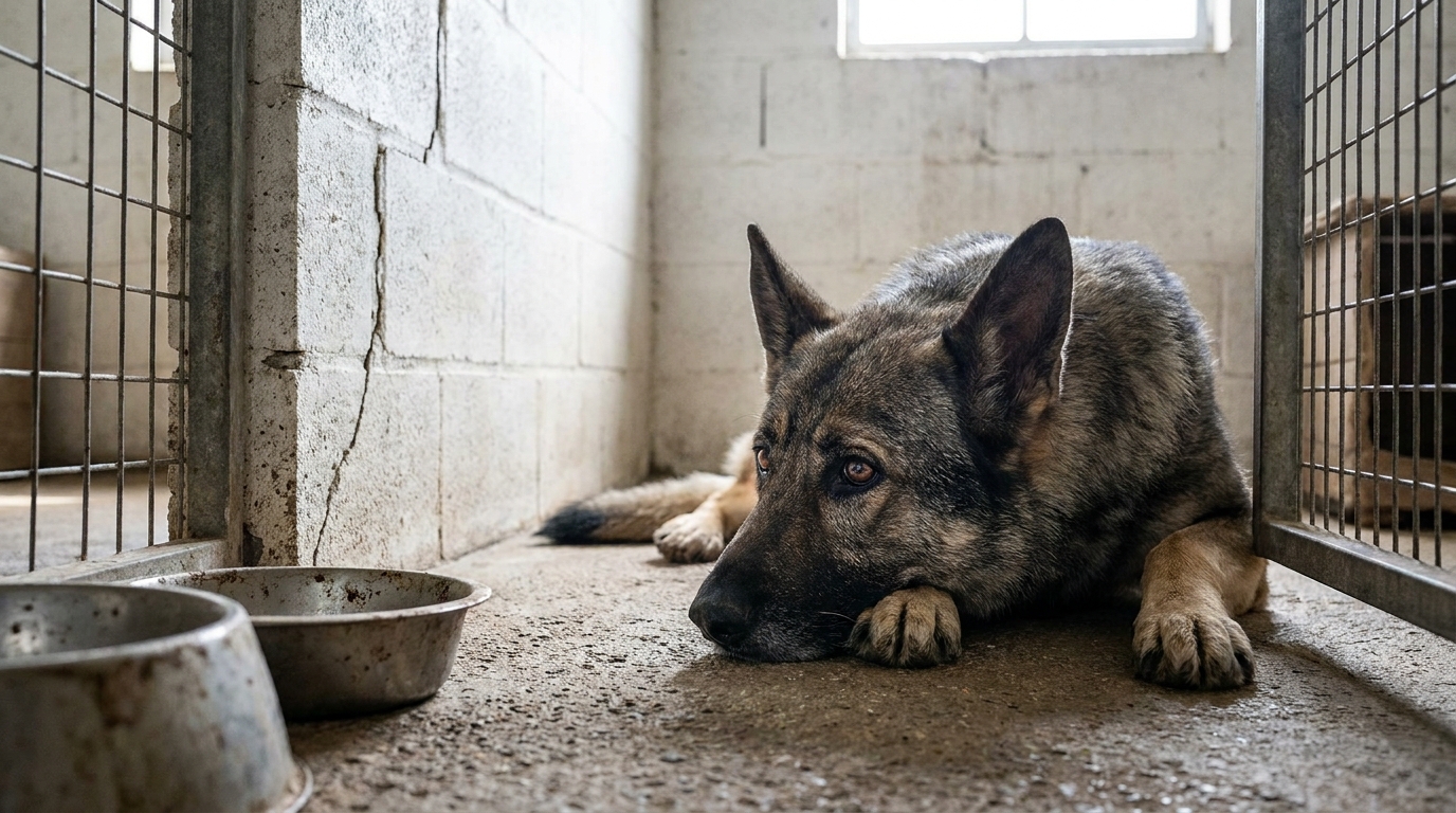 Un berger allemand au regard triste est couché dans un box de refuge, le museau pointé vers un mur en parpaings usés.