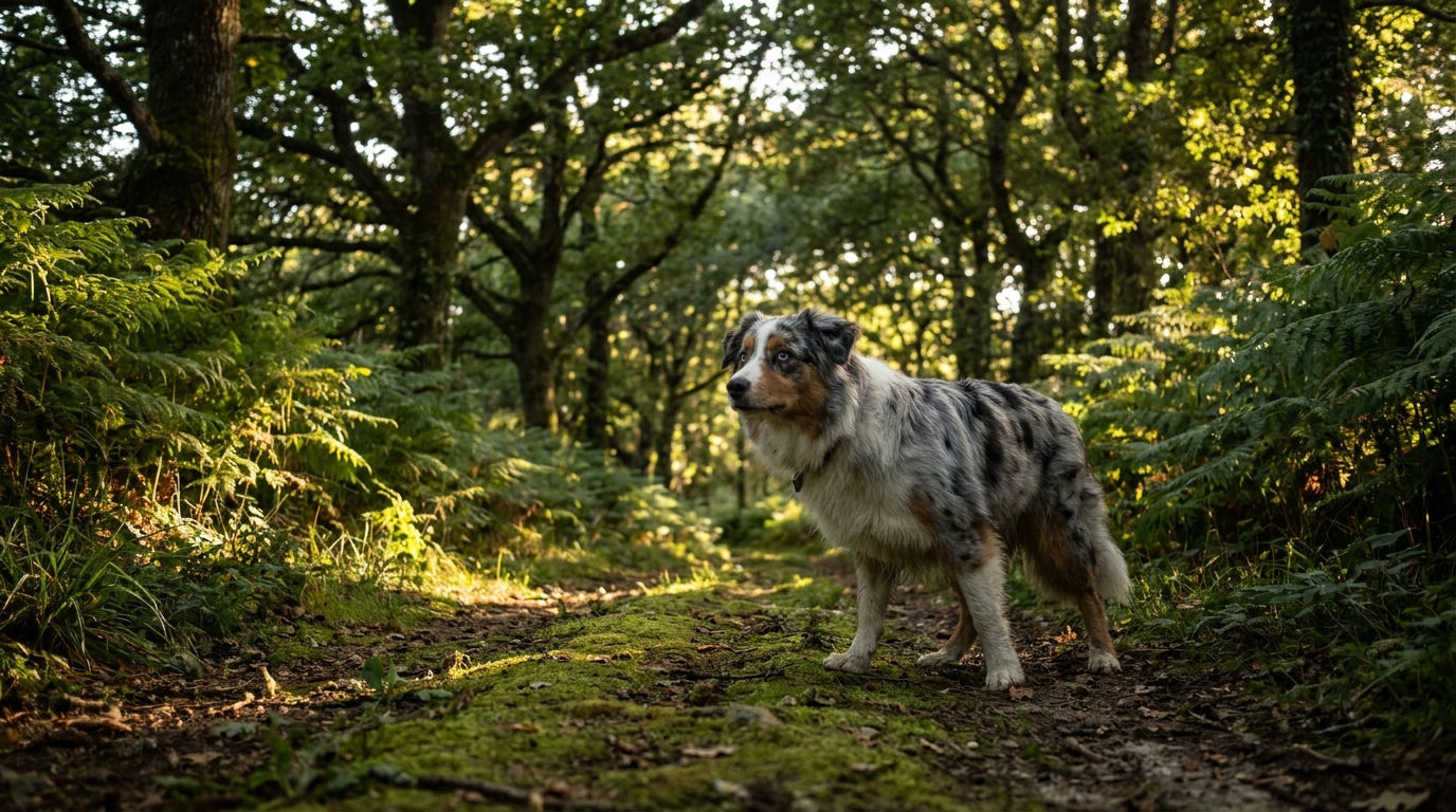Un chien de race berger australien se promène sur un sentier forestier en Bretagne, symbolisant la balade tragique de Volcane en Finistère.