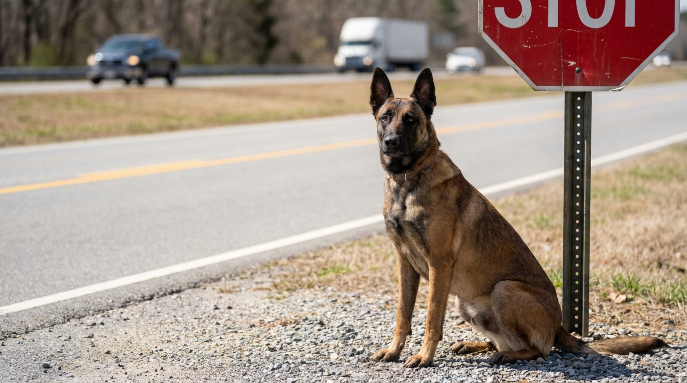 Un Berger Belge Malinois au regard triste mais plein d'espoir, assis dans un refuge après avoir été sauvé d'un abandon.