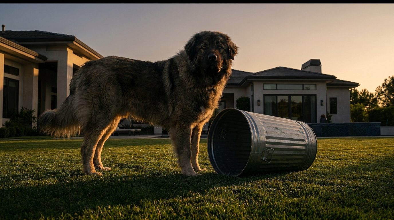 Un grand chien de race Berger du Caucase au pelage épais se tient dans un jardin verdoyant, regardant attentivement.