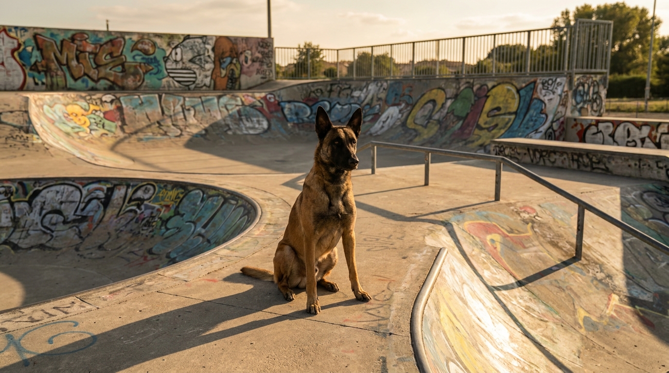 Un berger malinois assis seul dans un skatepark en béton en France, symbolisant le danger d'un chien non surveillé dans un lieu public.