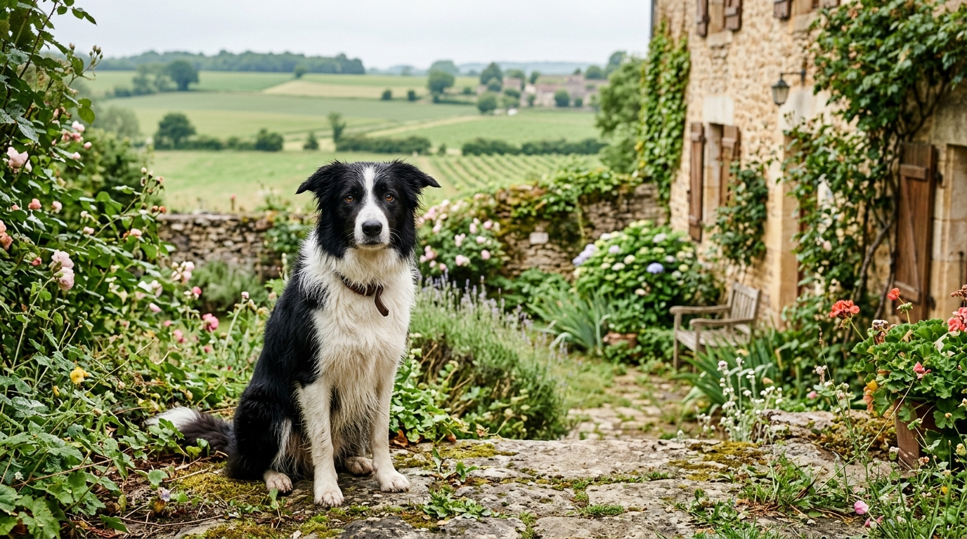 Un Border Collie dans un jardin de campagne en France