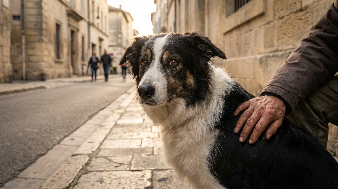 Un border collie au regard touchant, assis dans une rue de Beaucaire, illustrant l'histoire de Cookie, le chien menacé d'euthanasie.