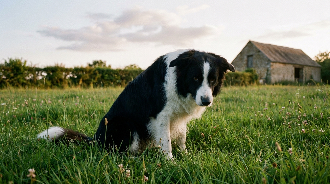 Un Border Collie au regard mélancolique est assis dans un pré verdoyant, symbolisant la perte et la tristesse d'un animal de compagnie.