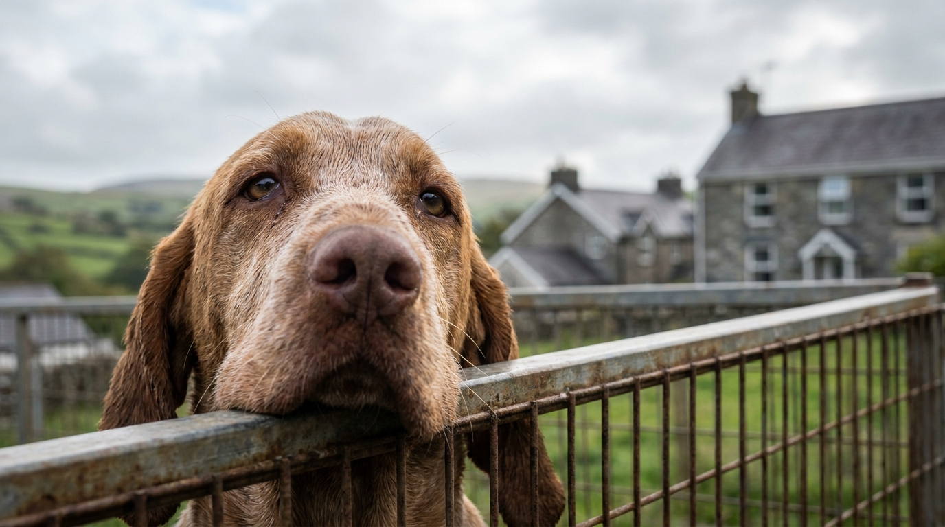 Un chien de race Braque italien au regard mélancolique, assis dans un enclos de refuge au Pays de Galles, symbolisant le sauvetage.