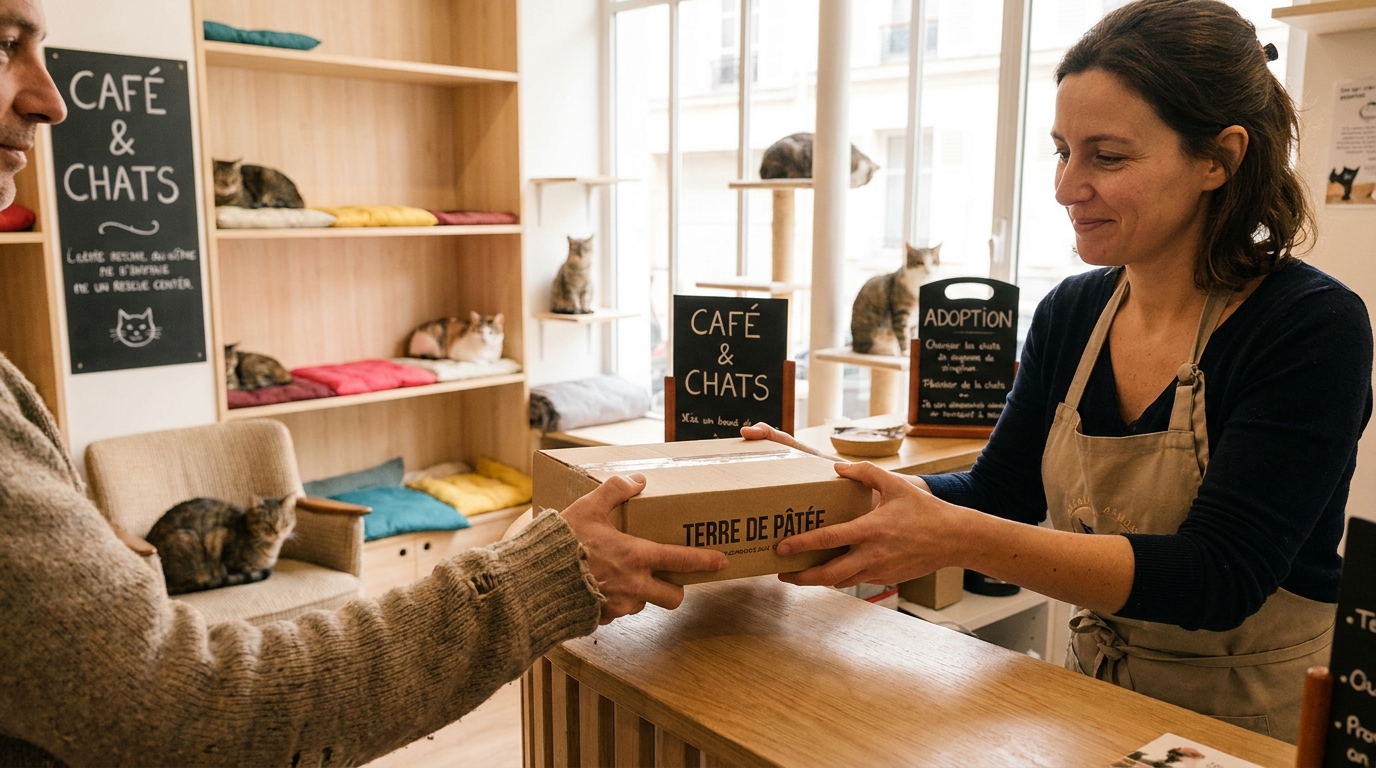 Une femme caresse tendrement un chat roux endormi sur une table dans un café-refuge lumineux et chaleureux à Agen.