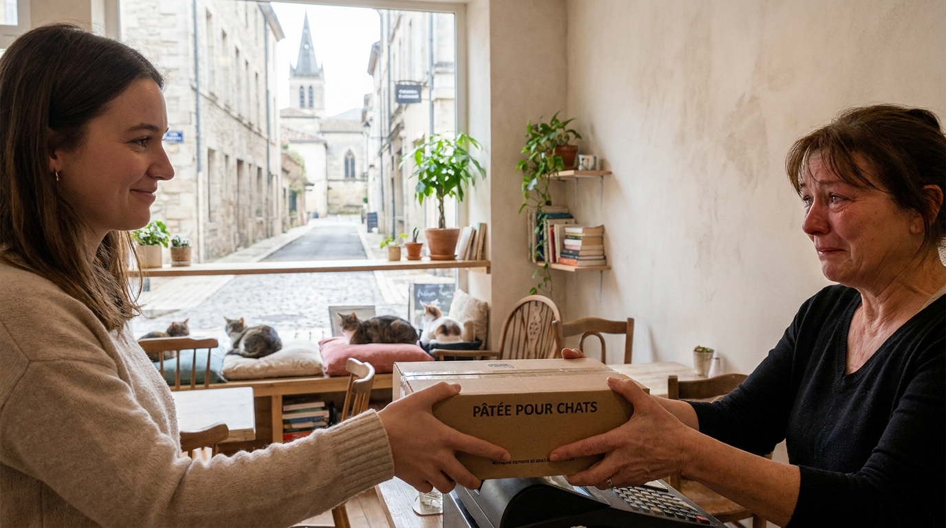 Une femme regarde avec émotion un chat roux dormant paisiblement sur une table en bois dans un café lumineux à Agen.