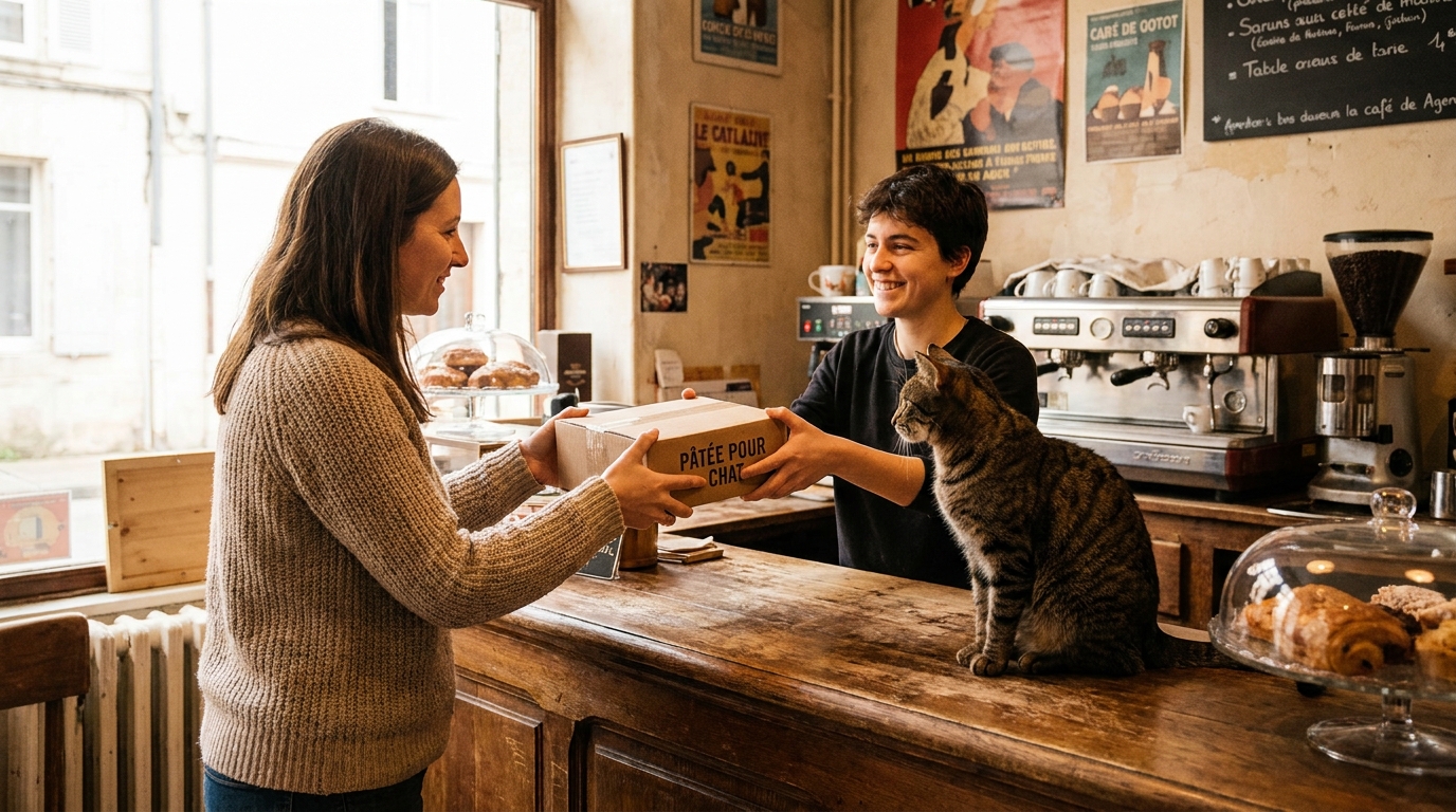 Un chat roux se frotte affectueusement contre la main d'une personne dans l'ambiance chaleureuse d'un café en France.
