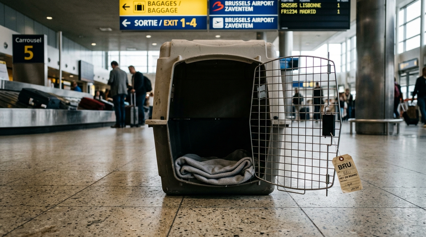 Une cage de transport pour chat ouverte et vide posée dans un aéroport.