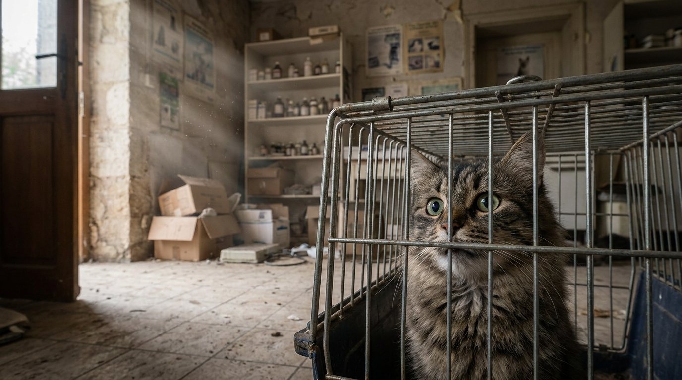 Un chat au regard triste et apeuré, enfermé dans une cage à l'intérieur d'un cabinet vétérinaire insalubre et abandonné.