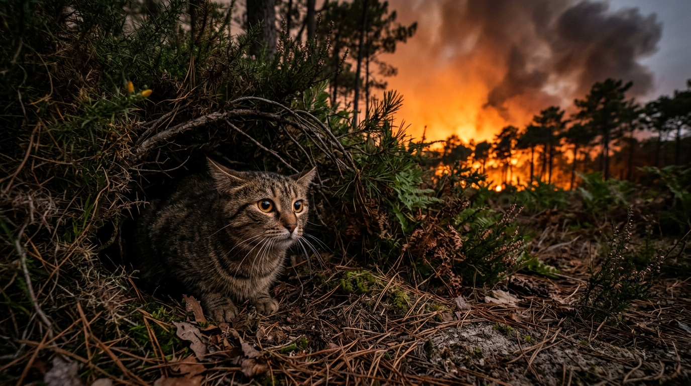 Un chat tigre apeure tapi dans une foret de pins en Gironde pendant l incendie