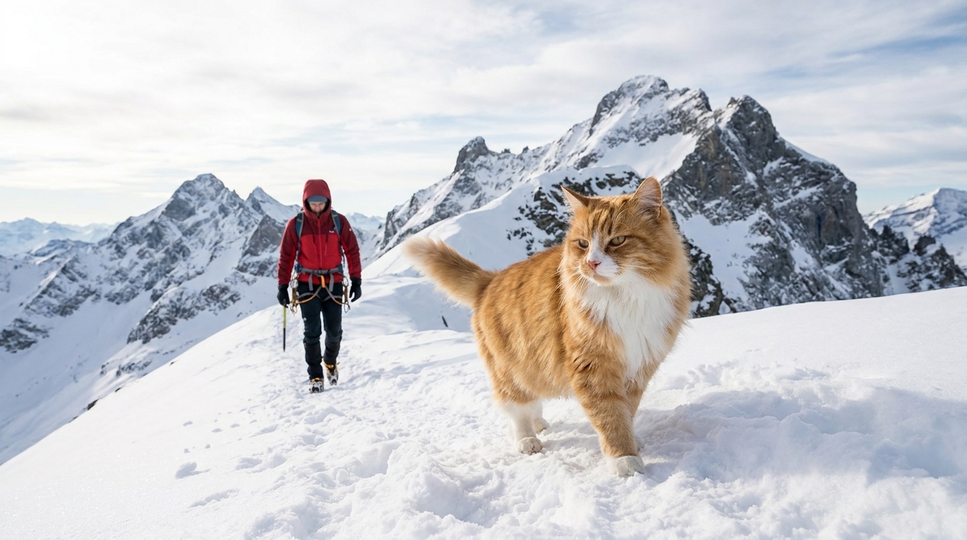Un chat courageux au milieu d'un paysage enneigé des Alpes, illustrant l'histoire de Tomba, le chat alpiniste et sauveteur.